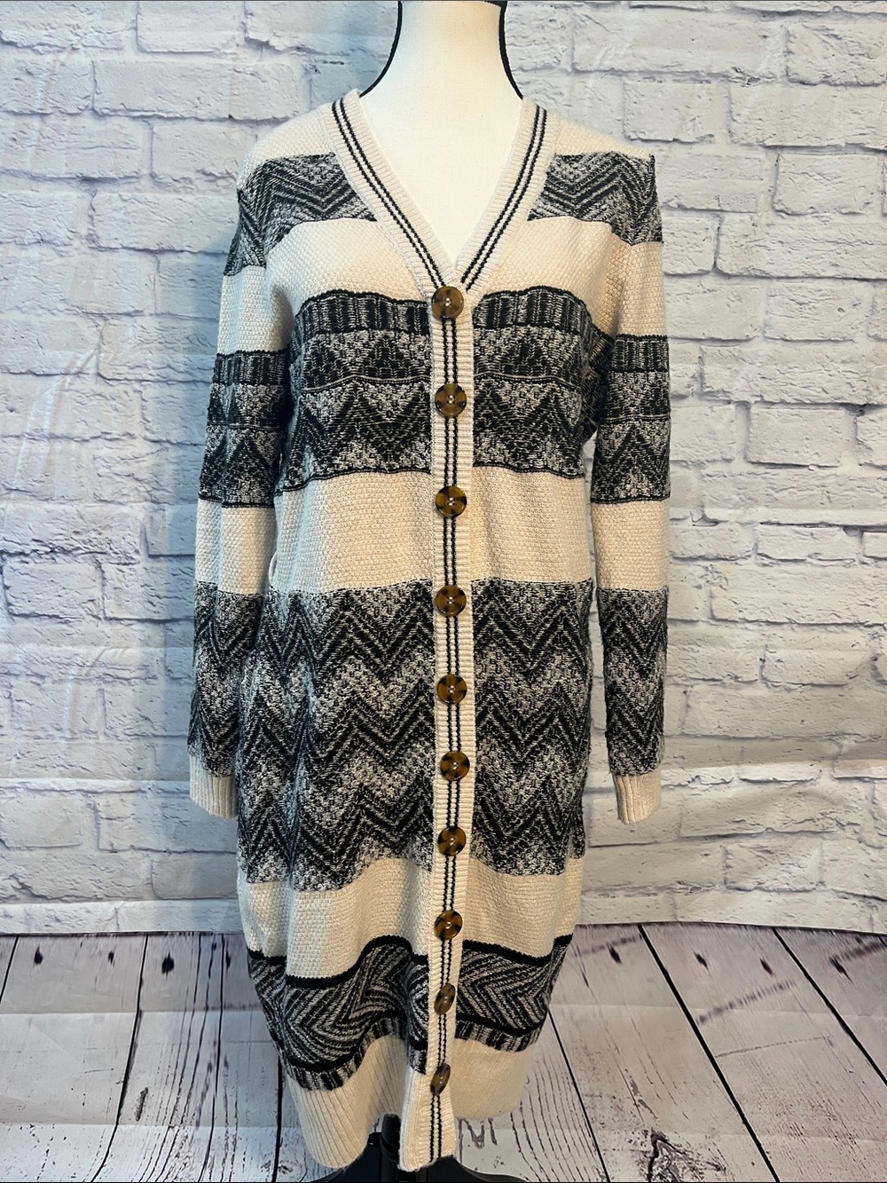 Lucky Brand Long Cardigan Sweater NWT Chevron Knit Button Front Size PL Petite